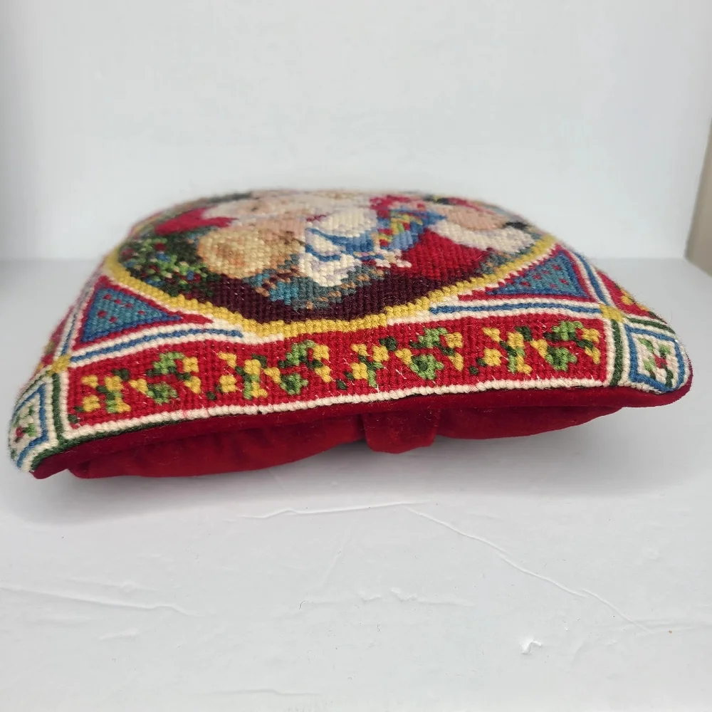 Vintage Christmas Needlepoint Santa and Children Small‎ Accent Pillow